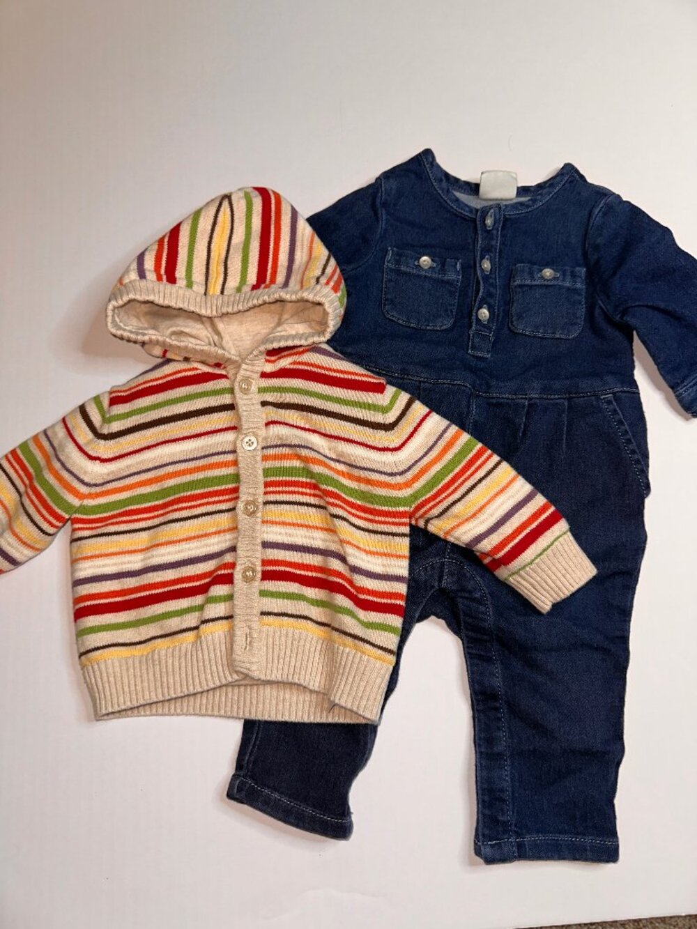 Baby Gap Girls Striped cardigan Sweater & Denim Romper Jumpsuit 3-6 Months #743
